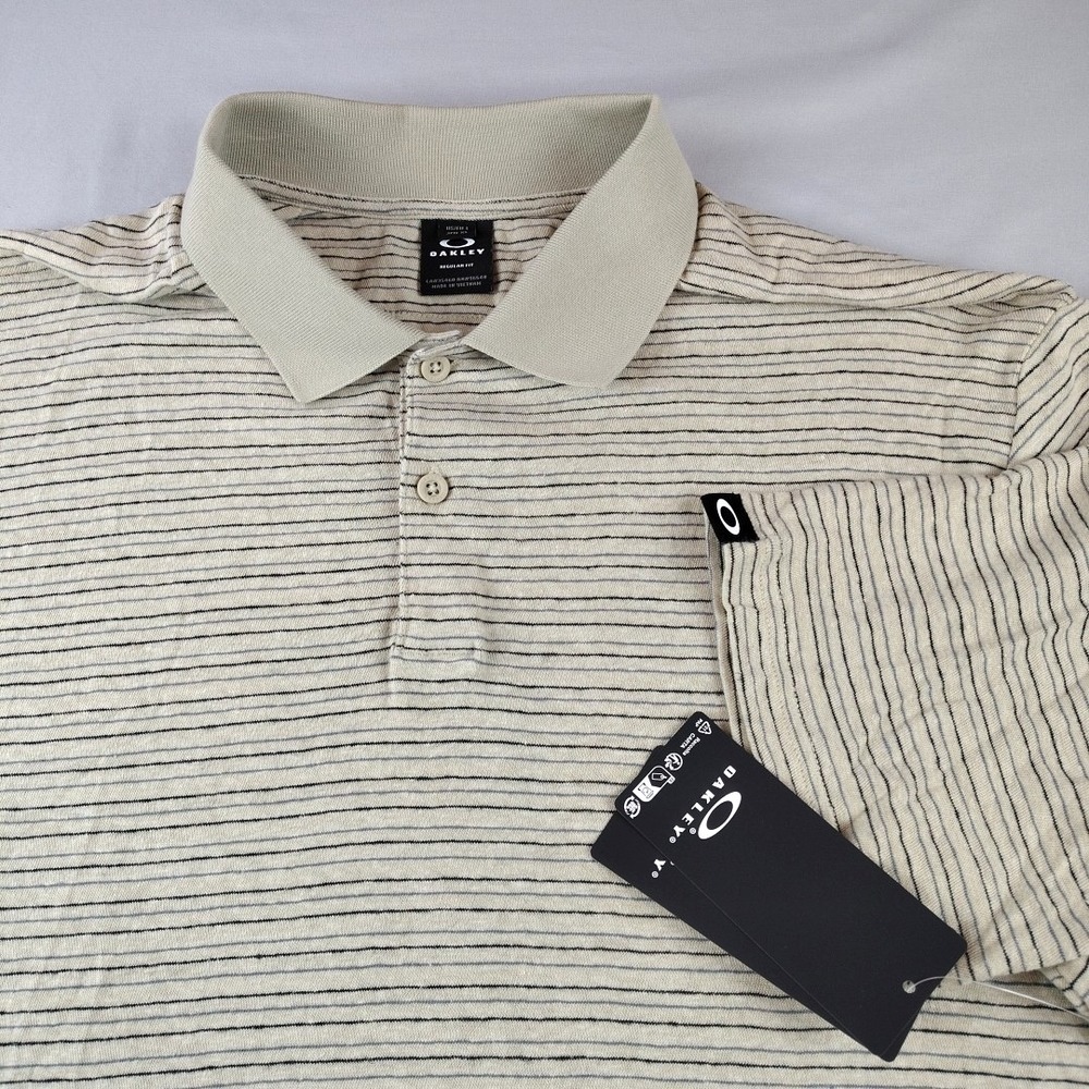 Oakley Golf Polo Shirt Mens L NWT Off White Stripe Tan Travel Casual Hemp/Cotton